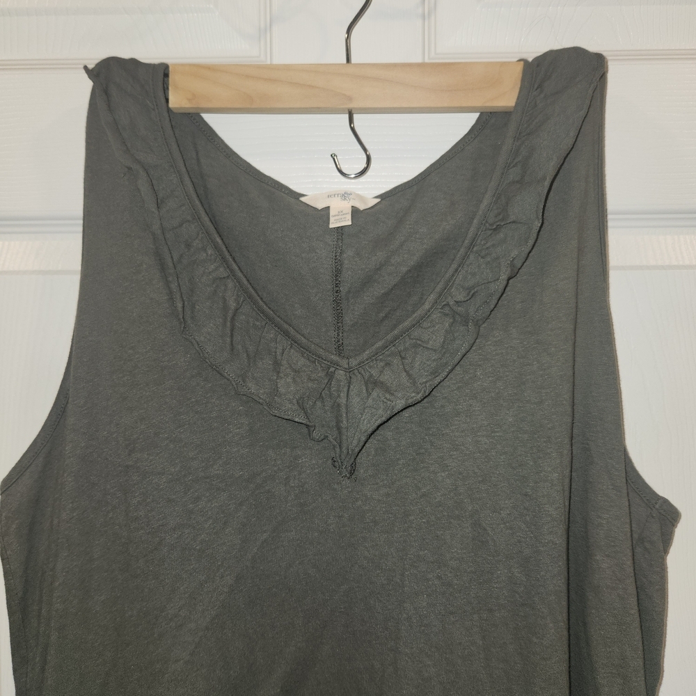 Terra & Sky Dark Olive Ruffle Neck Tank Top